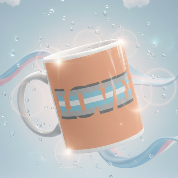 Angled peach mug with a stylized blue, pink, white, and gray wordmark on the front
