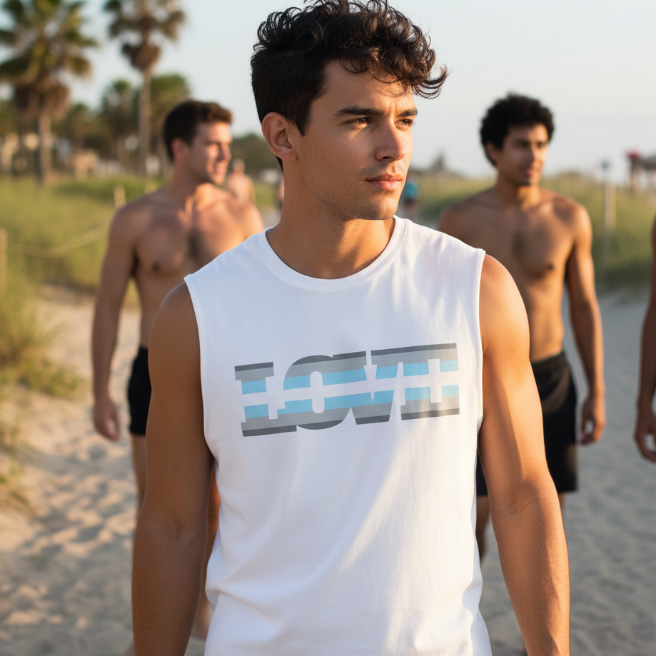 White Demiboy Love Muscle Top on a person, strutting a sandy beach; three shirtless guys in black shorts follow