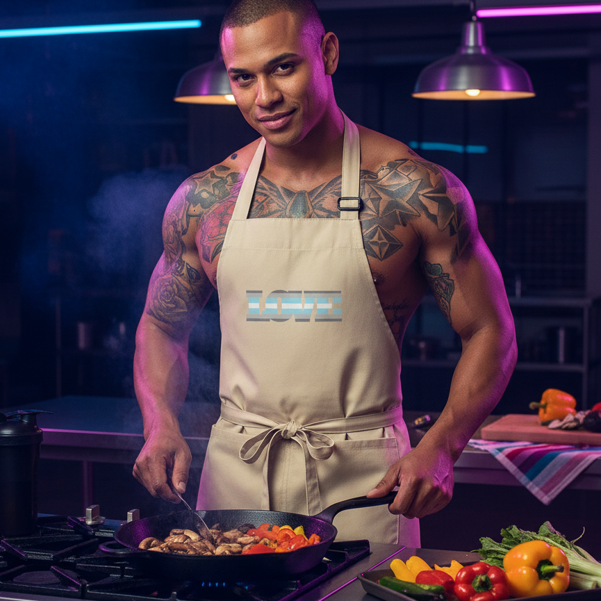Shirtless tattooed person wearing a beige apron with a striped chest graphic while cooking