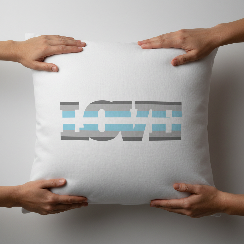 Demiboy Love Pillow, white with bold striped "LOVE" text, held by four hands; a modern queer home accent cushion.