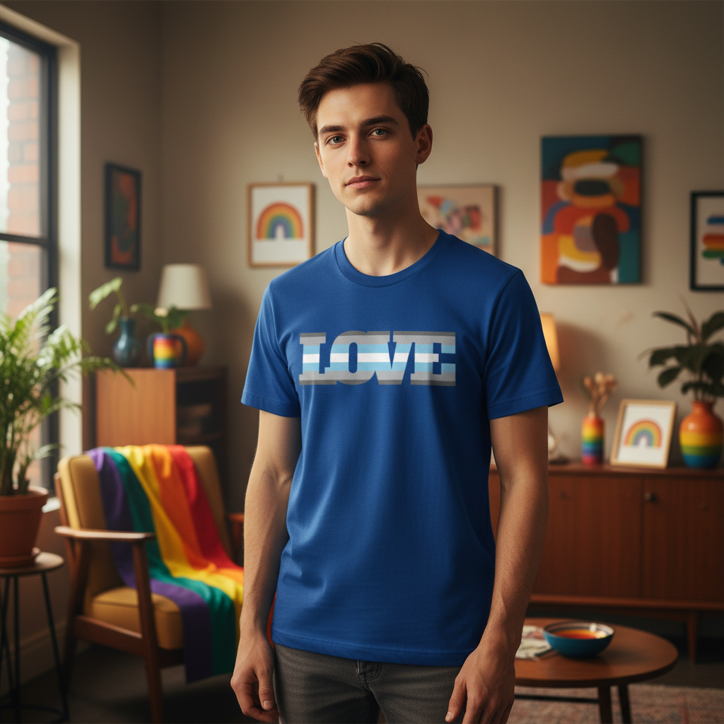 Demiboy Love T-Shirt with bold white "LOVE" text, worn by a person