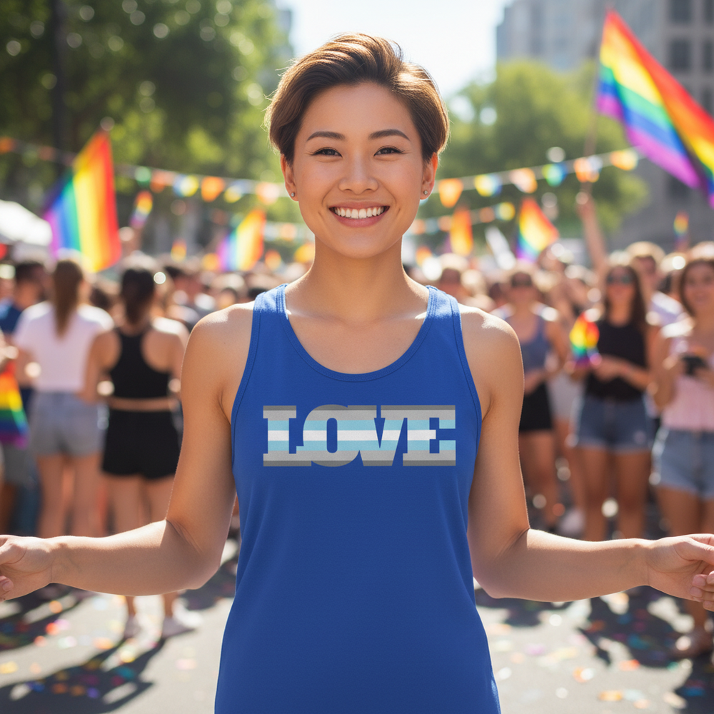 Blue Demiboy Love Unisex Tank Top worn by a smiling person at a sunny pride parade