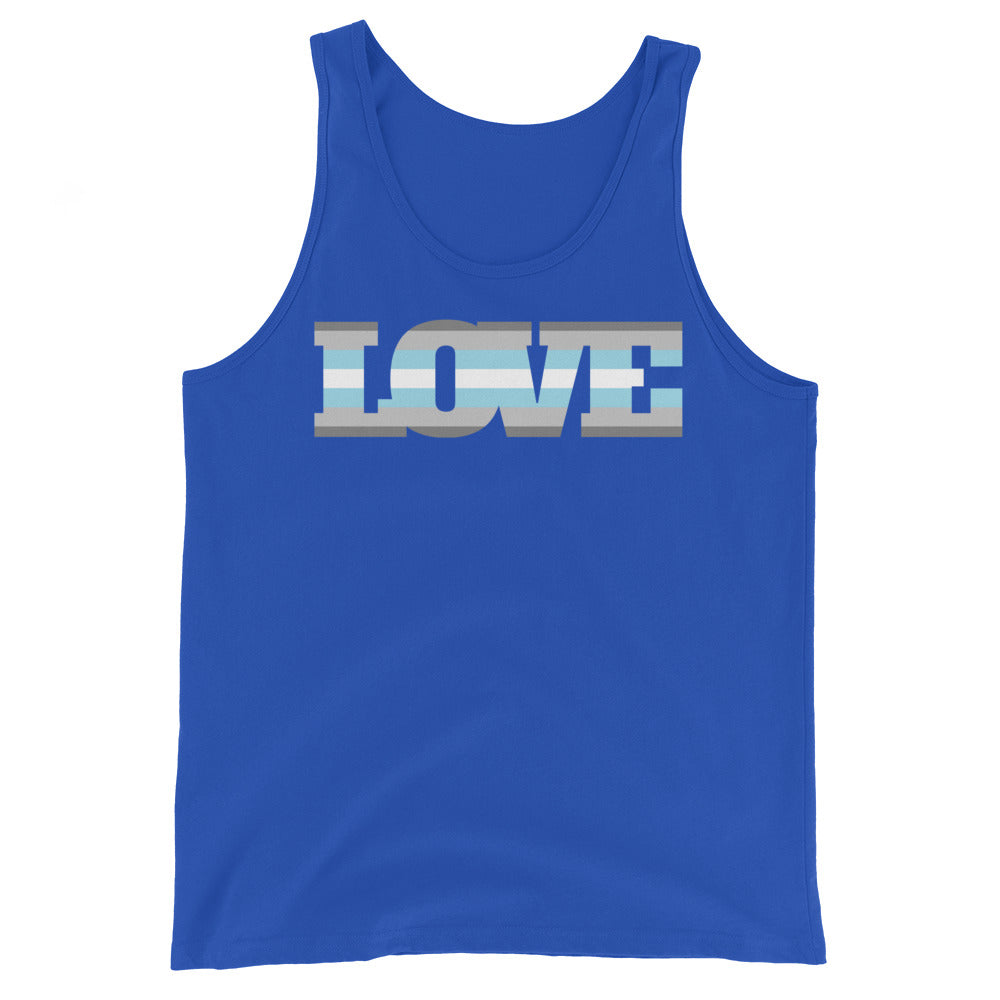 demi boy: Blue Demiboy Love Unisex Tank Top worn by a smiling person at a sunny pride parade