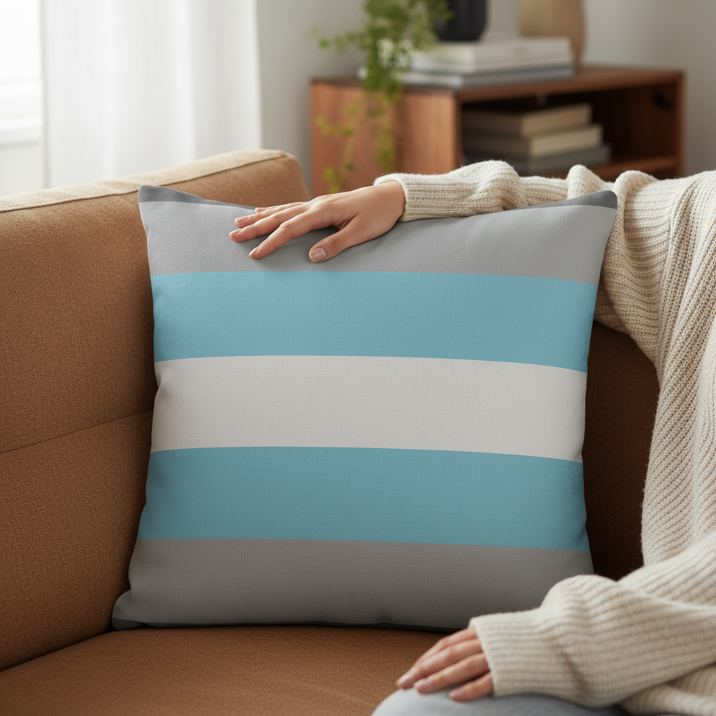 Demiboy Premium Pillow with gray, light blue, and white stripes on tan sofa; persons hand rests on it