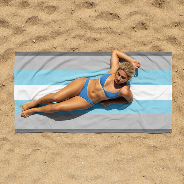 Demiboy Pride Flag towel with gray, white, and light blue stripes