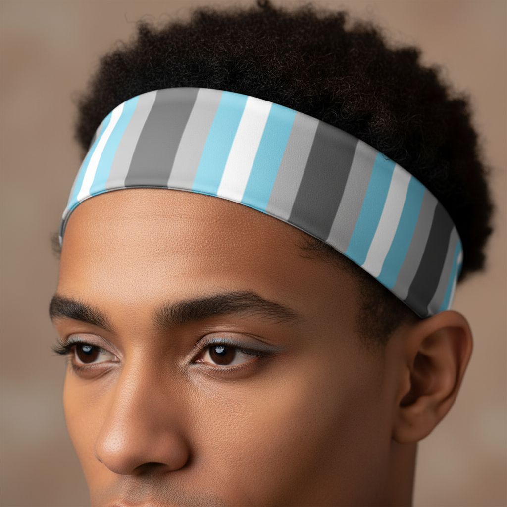 Demiboy Pride Headband with bold blue, white, and gray stripes, worn by a chill person