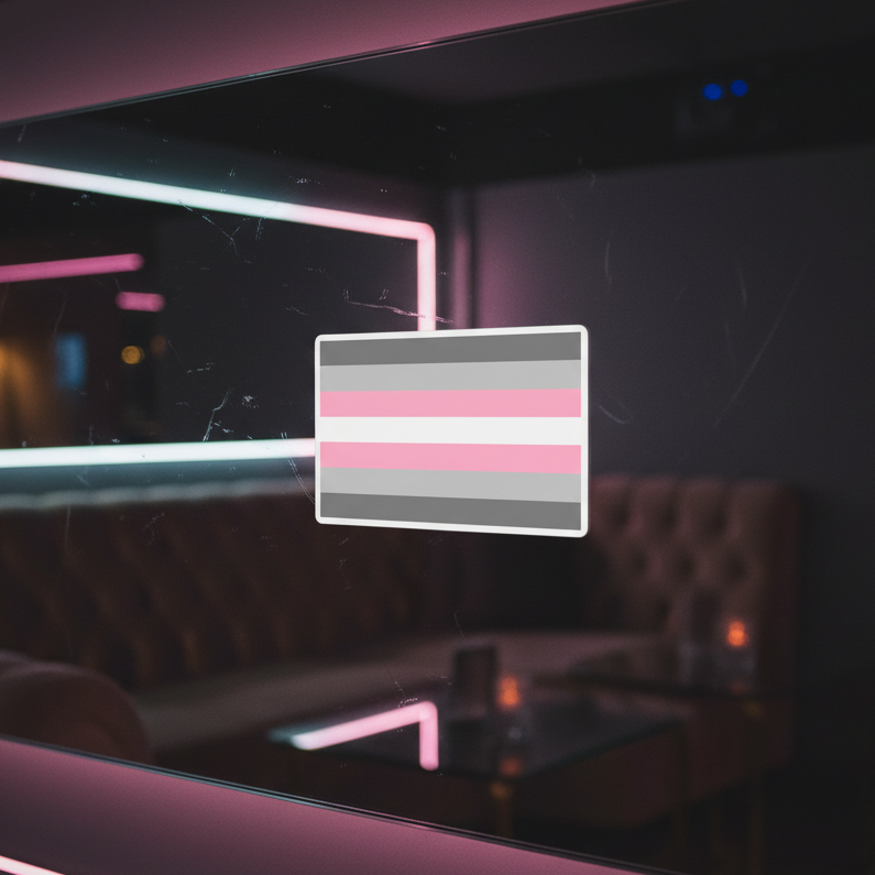 Demigirl Flag Bubble-Free Stickers shown in a rectangular mirror