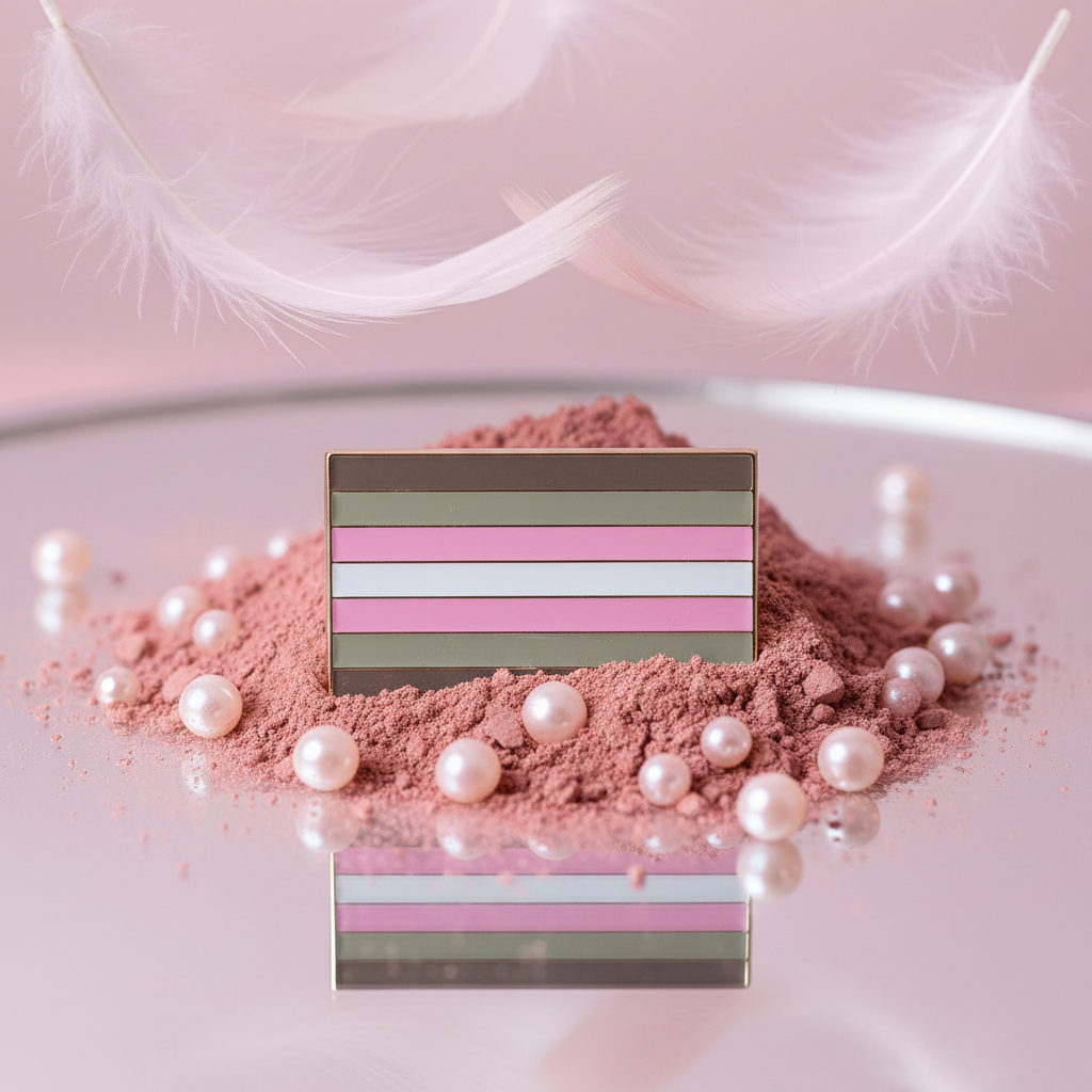 Rectangular striped enamel pin propped in pink powder among pearls and feathers