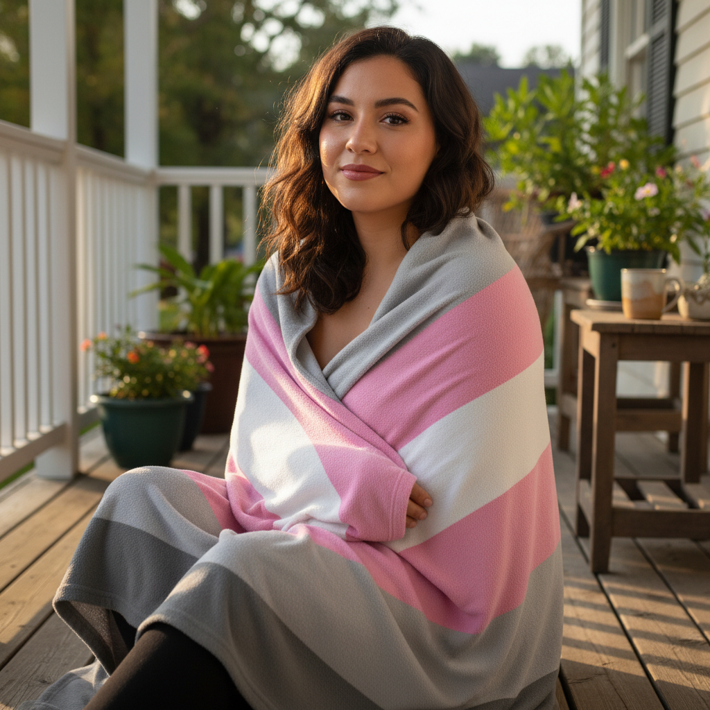 Demigirl Flag Throw Blanket with soft pink, white, and gray stripes wraps a smiling person