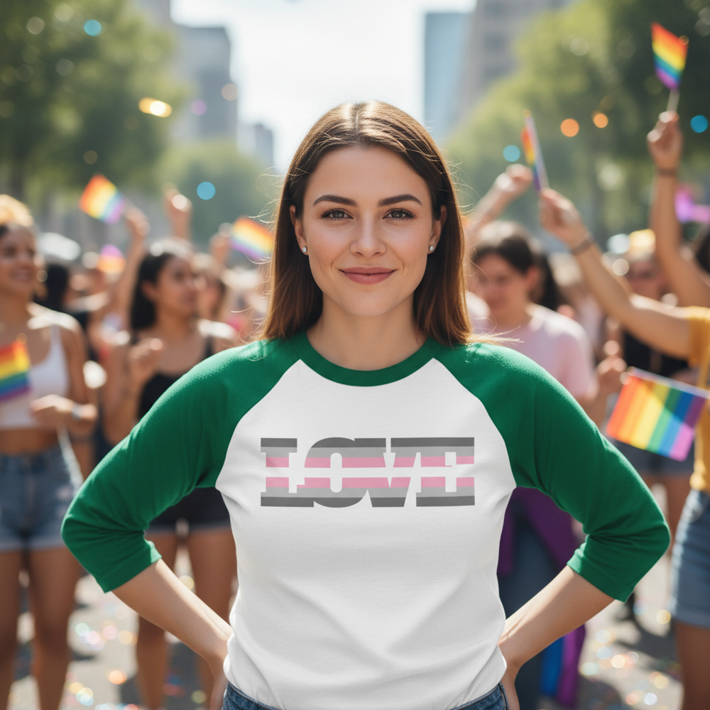 Demigirl Love 3/4 sleeve raglan shirt worn by a brown-haired person at an energetic pride parade, LGBTQ+ flags waving behind