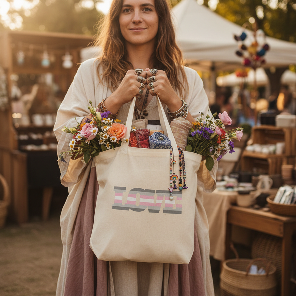 Person holds a cream tote reading “LOVE,” filled with flowers and folded textiles at an outdoor market
