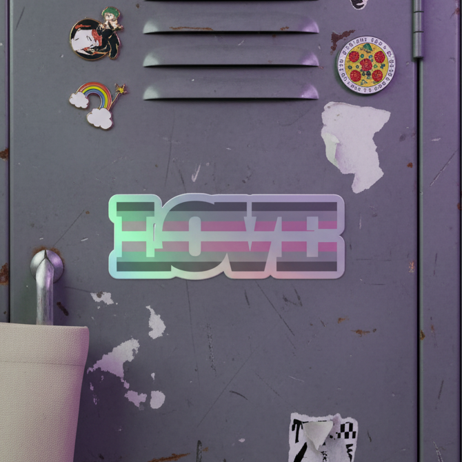 Holographic “Demigirl Love” sticker on a worn purple metal locker