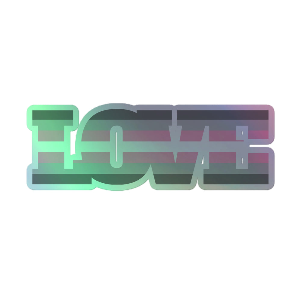 Holographic sticker spelling “ICW+” in dark block letters with green, blue, and purple sheen