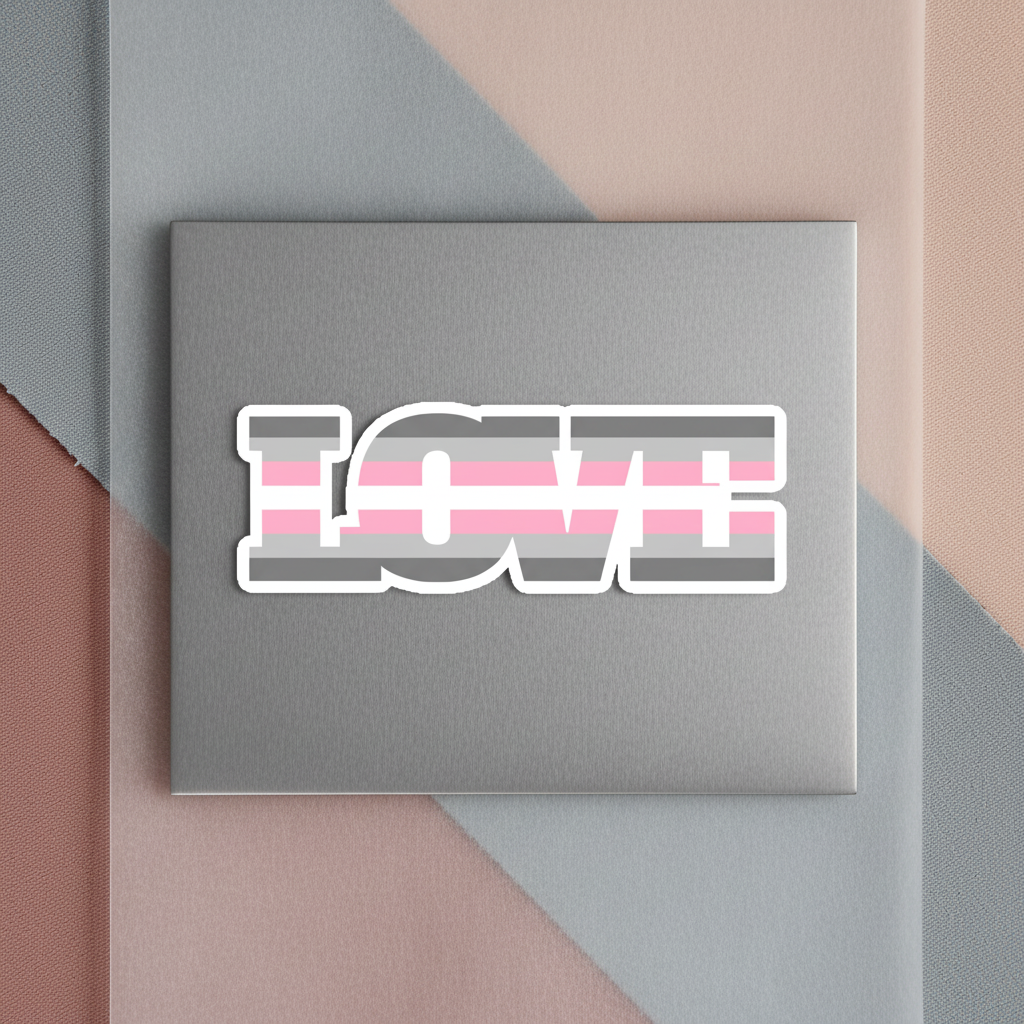 Rectangular Demigirl Love Magnet with bold white and gray "LOVE" over pink, white, and orange stripes—queer pride home décor.