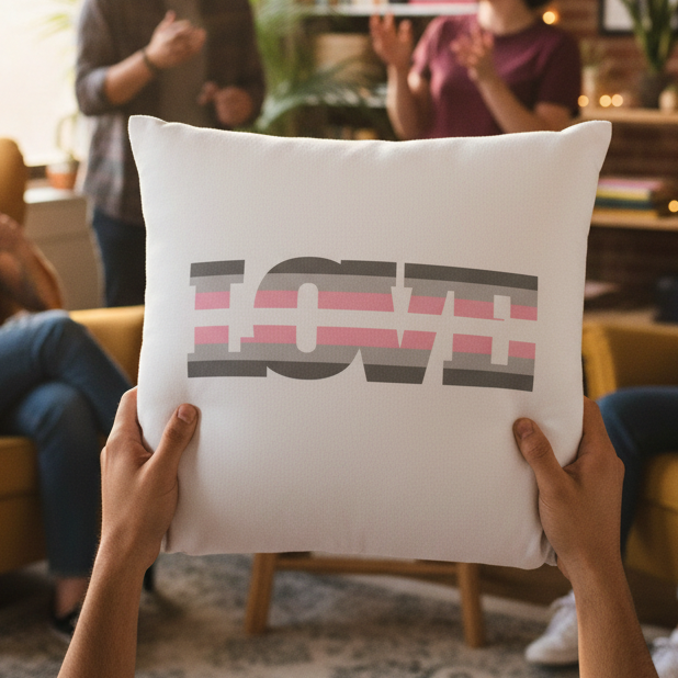 White Demigirl Love Pillow with bold gray and pink "LOVE" text held by a person; friends gather in a cozy, plant-filled room