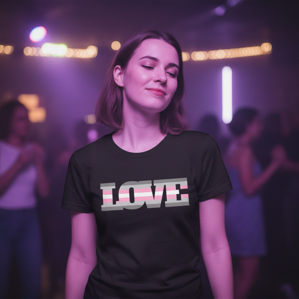 Demigirl LOVE T-Shirt in faded pink, white, and blue stripes; "LOVE" lettering