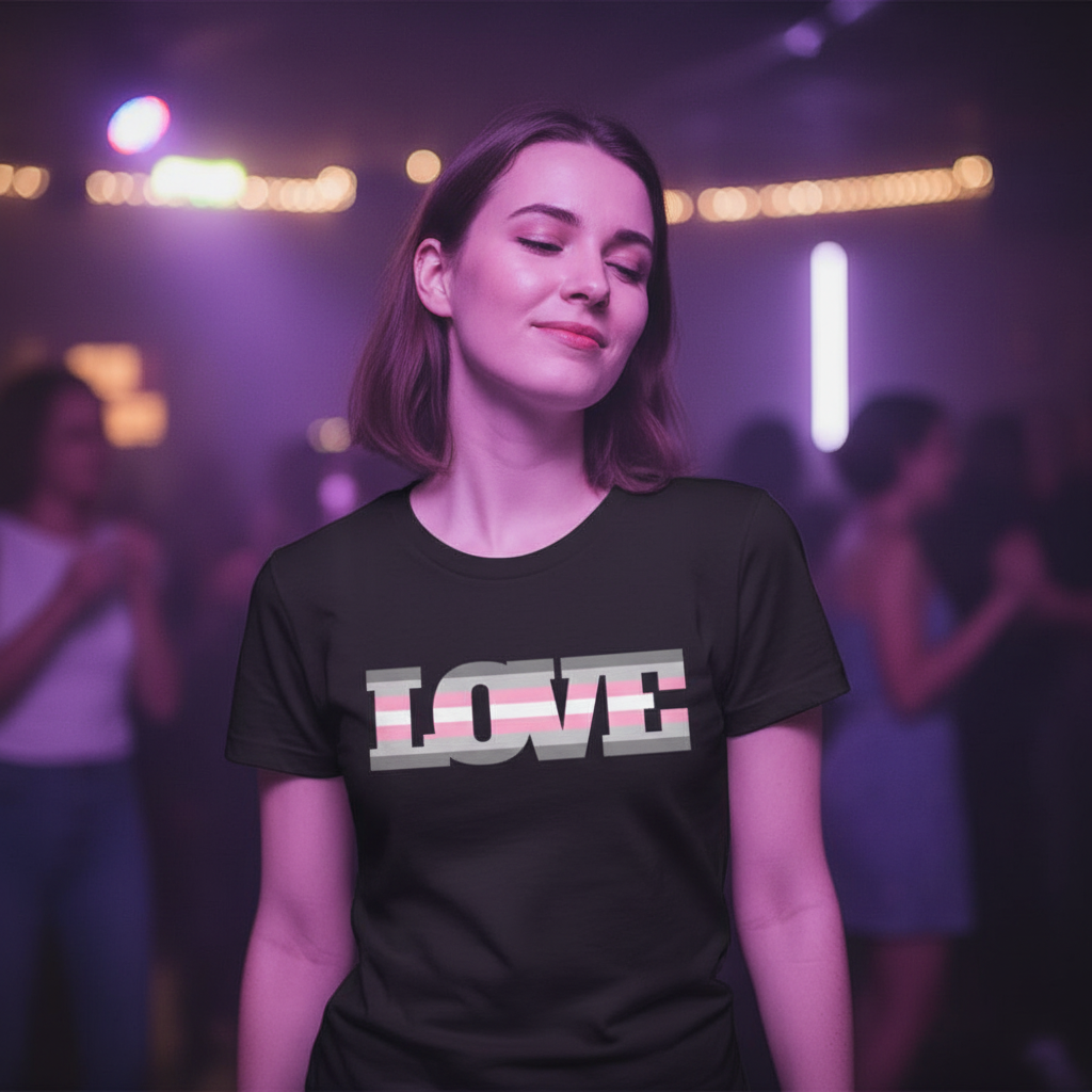 Demigirl LOVE T-Shirt in faded pink, white, and blue stripes; "LOVE" lettering