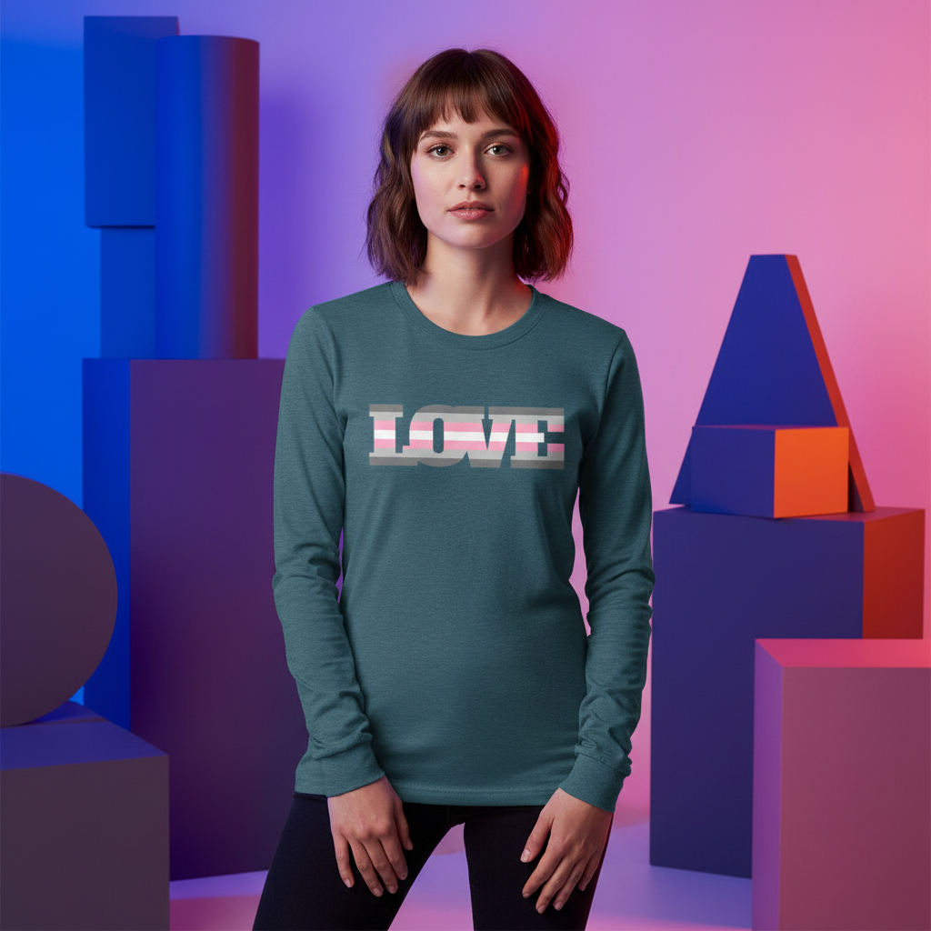 Demigirl Love long-sleeve tee with “LOVE” in pastel-striped letters, worn by a brown-haired person in a vivid