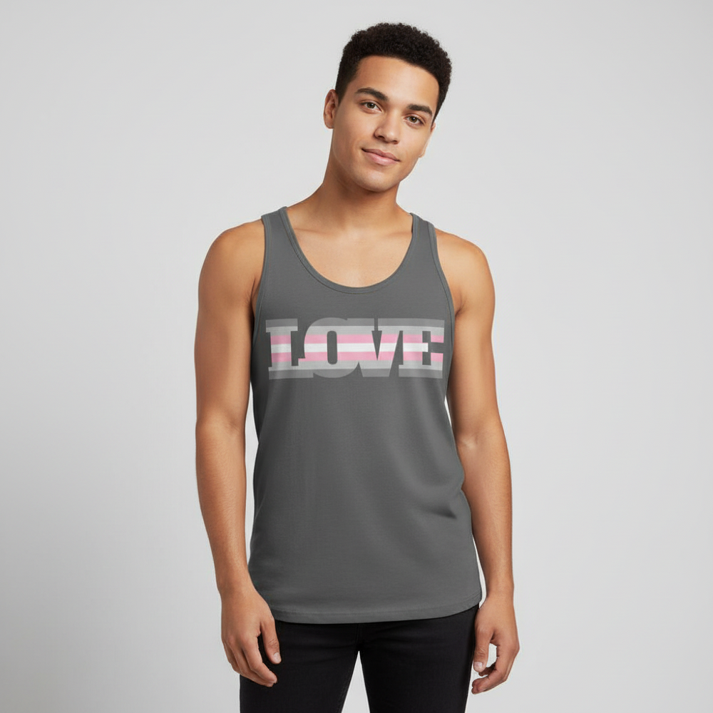 Demigirl Love Unisex Tank Top with "LOVE" in bold white letters, pink stripes repping queer pride