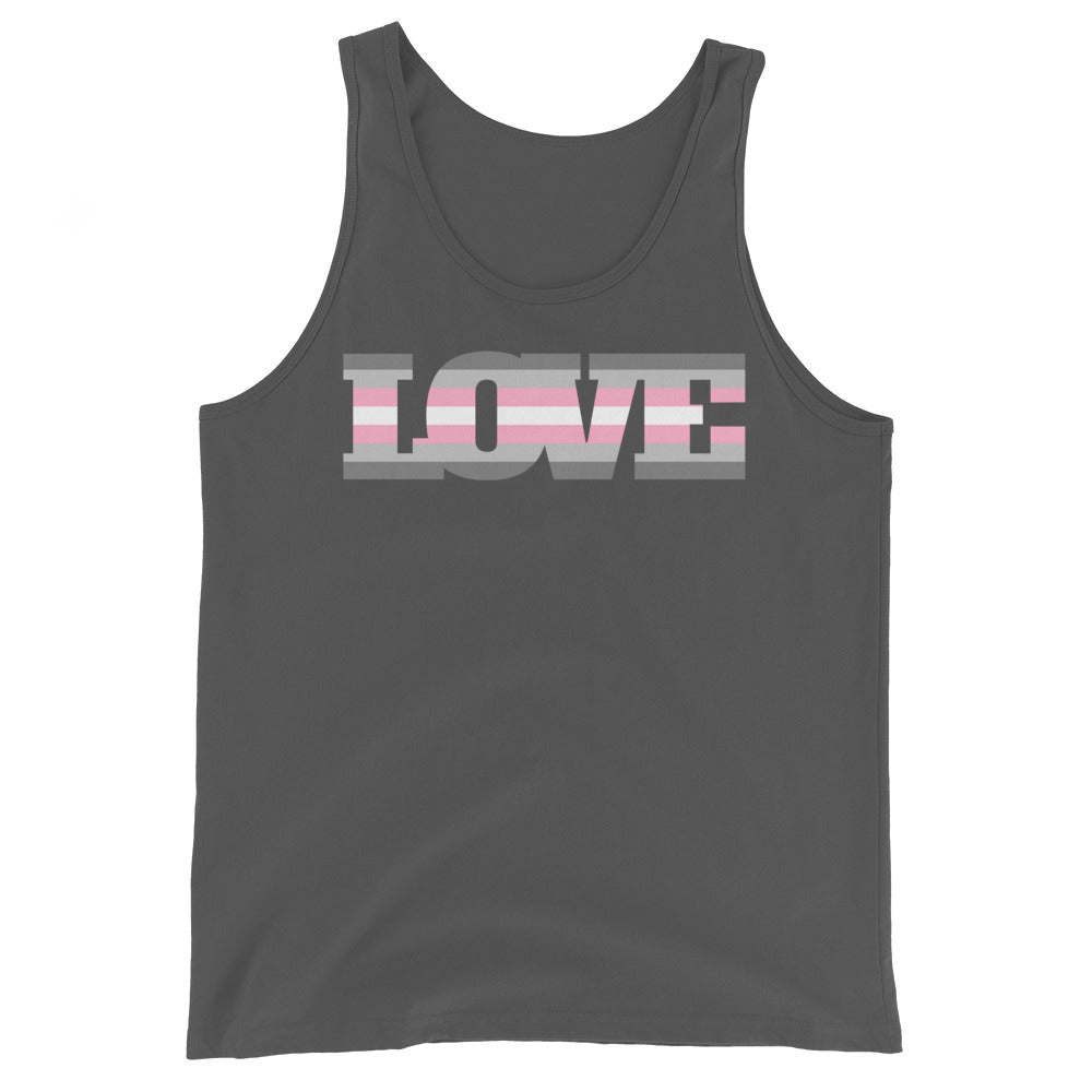 Unisex tank top in dark gray with bold "LOVE" in light pink, white, and gray stripes
