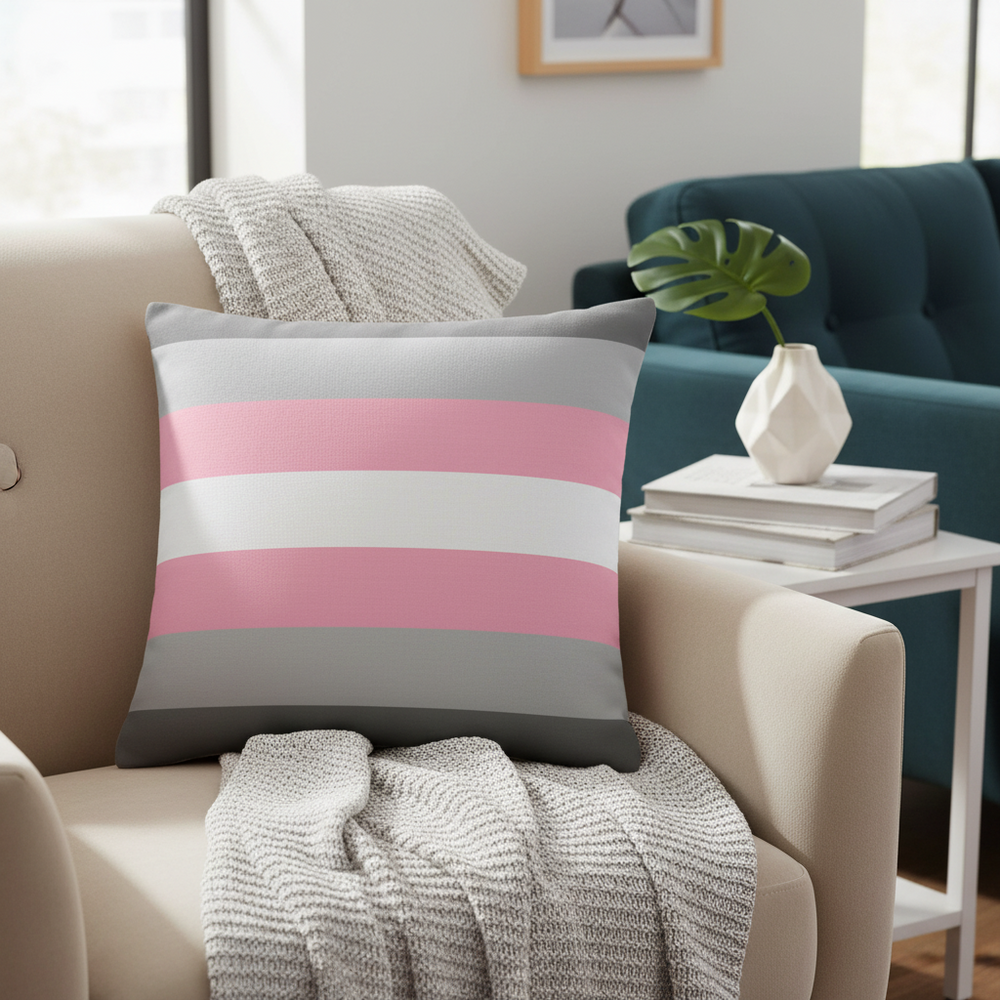 A beige armchair with a folded knit blanket and Demigirl Pride pillow—pink, white, gray stripes
