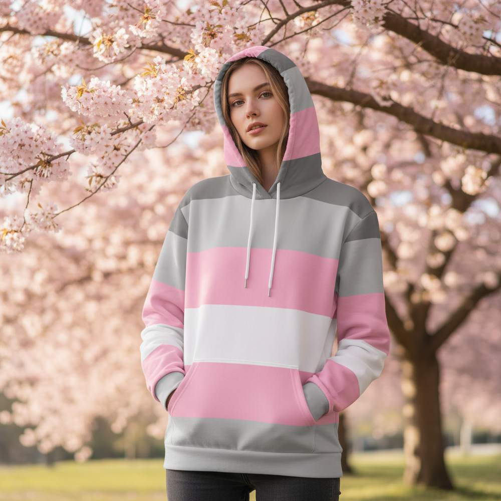Demigirl Pride hoodie in gray, white, and pink, worn outdoors under cherry blossoms; hands tucked in pockets