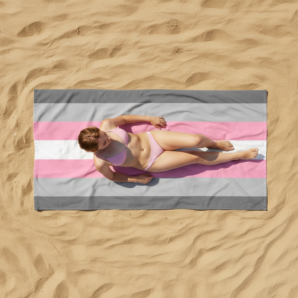 Demigirl Pride Flag towel with gray, pink, and white stripes sits on light sand