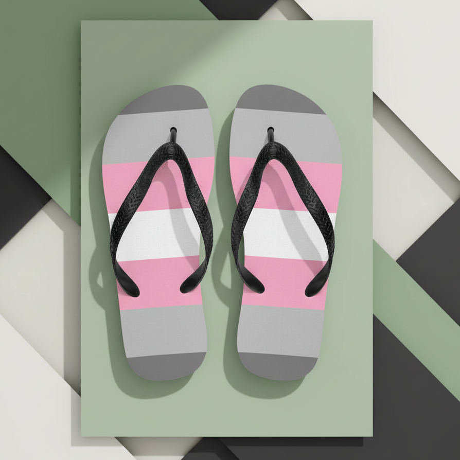 Demigirl Pride flip-flops with gray, white, and pink stripes and black straps, shown on green, white