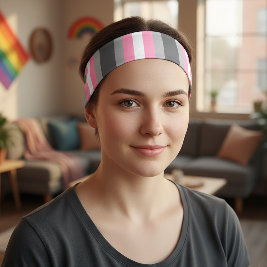 Demigirl Pride Headband on a smiling person with short brown hair