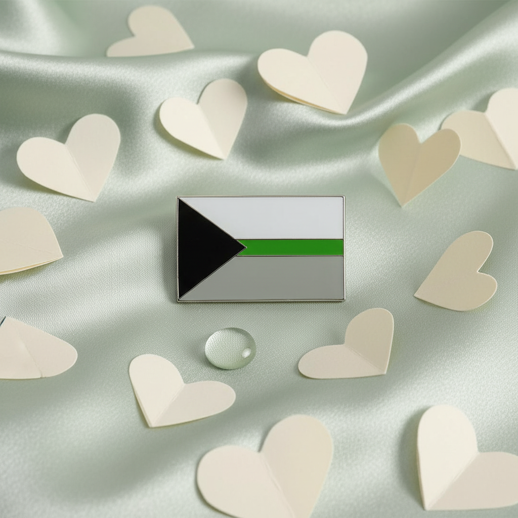 Rectangular demiromantic pride flag enamel pin on pale-green satin with paper hearts