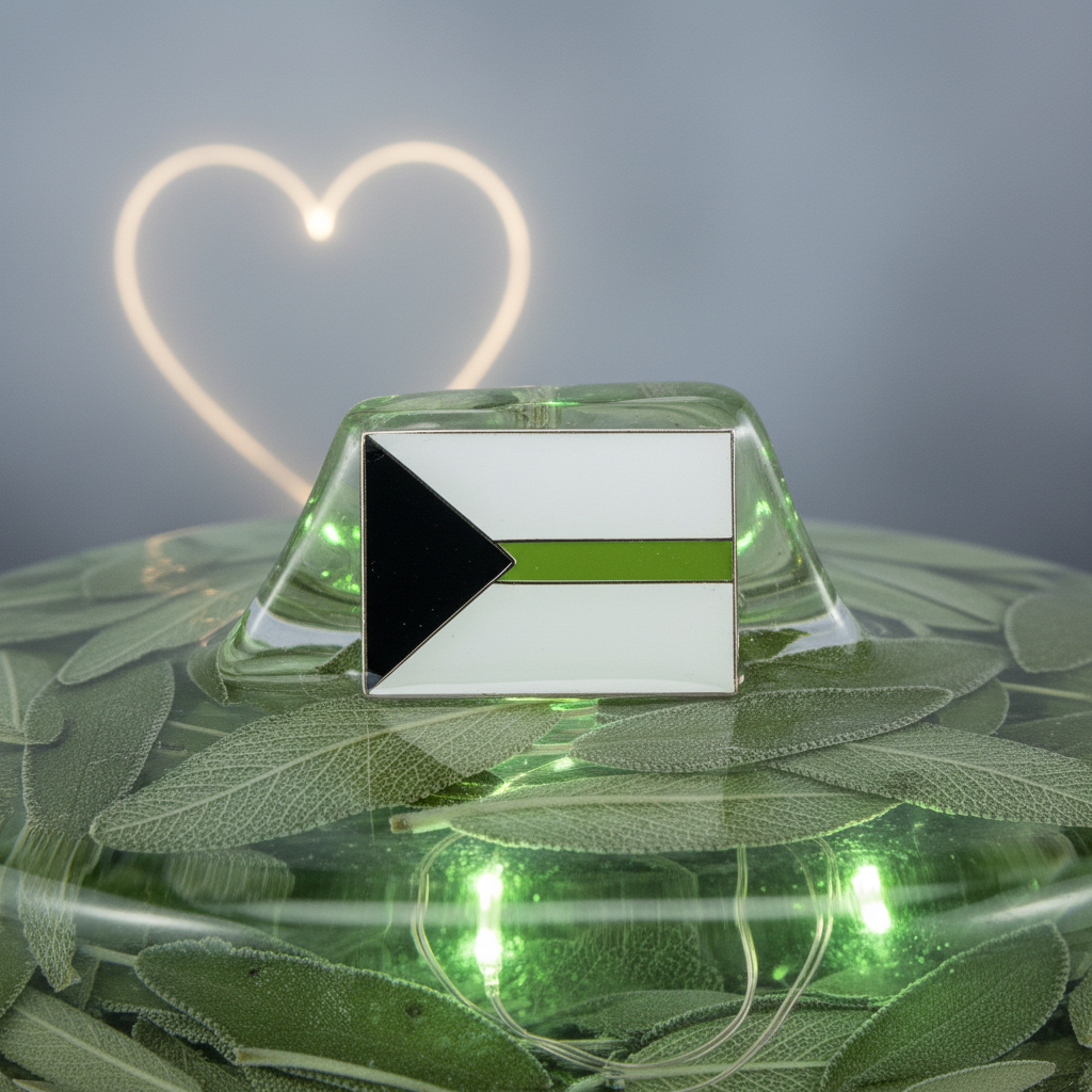 Demiromantic pride flag enamel pin displayed on a green leaf-covered glass dome