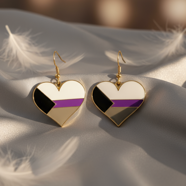 Demisexual pride heart drop earrings with black, white, purple, and gray enamel stripes