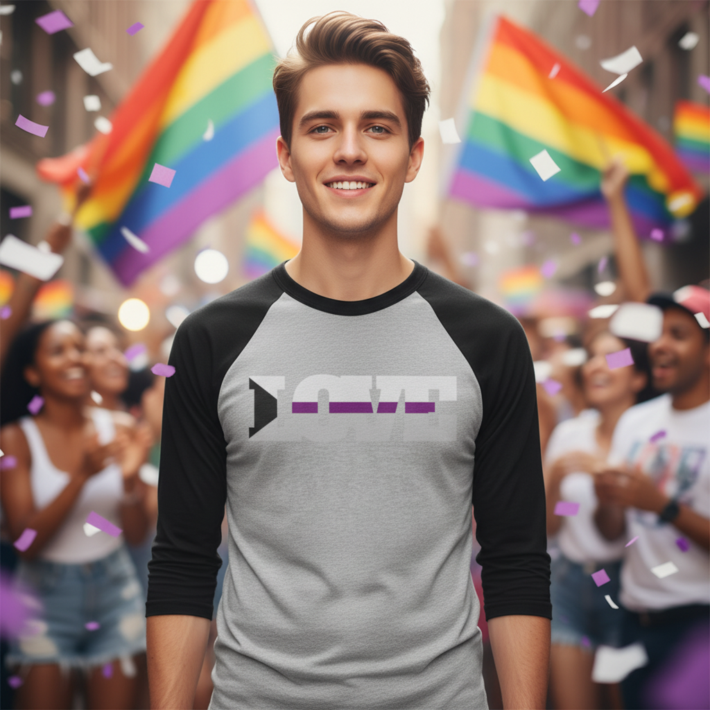 Demisexual Love 3/4 sleeve raglan shirt worn by a smiling person