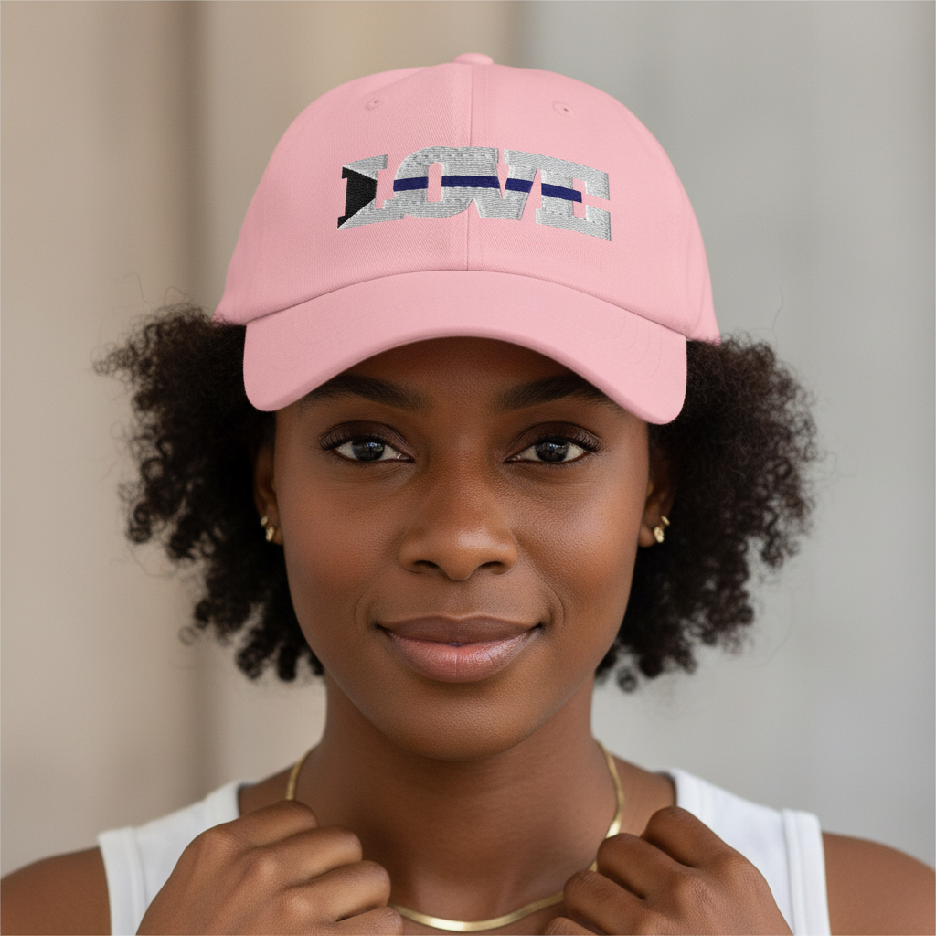 Demisexual Love Cap in light pink with bold metallic “LOVE” lettering