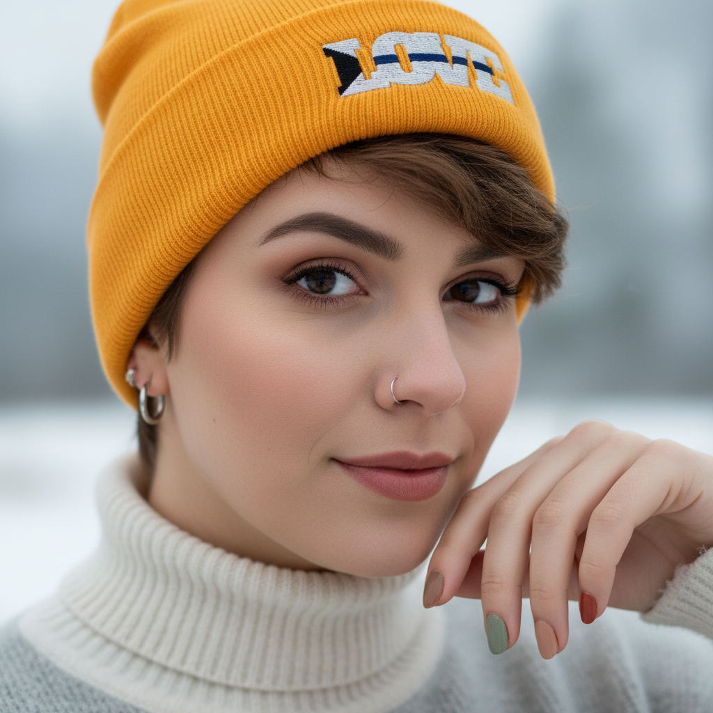 Demisexual Love Cuffed Beanie in yellow, embroidered with "LOVE." Worn by a short-haired person in snow, cream turtleneck