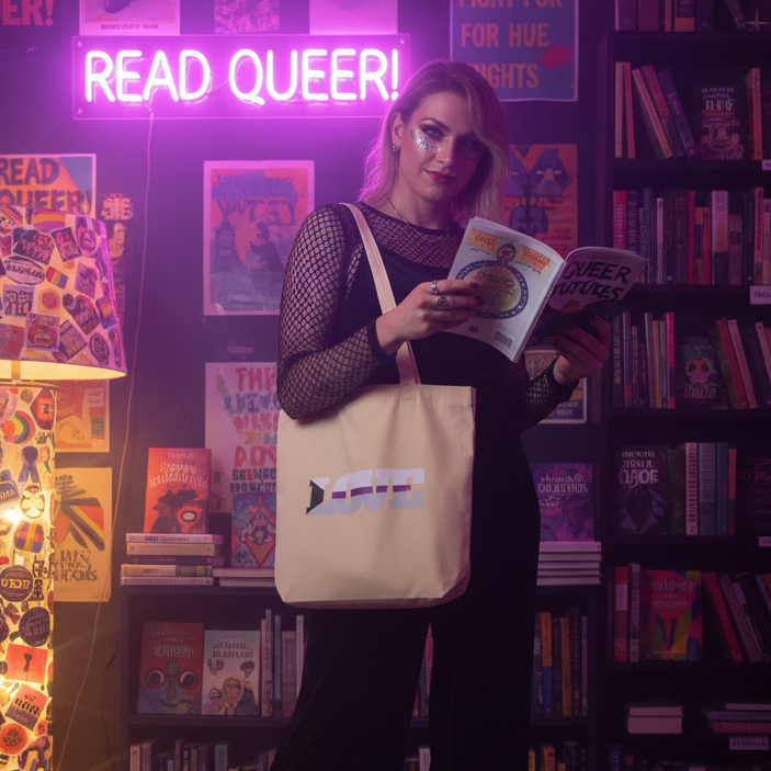 Person holding Cream canvas tote bag with a stylized graphic; tote bag with “Demisexual Love Eco” design