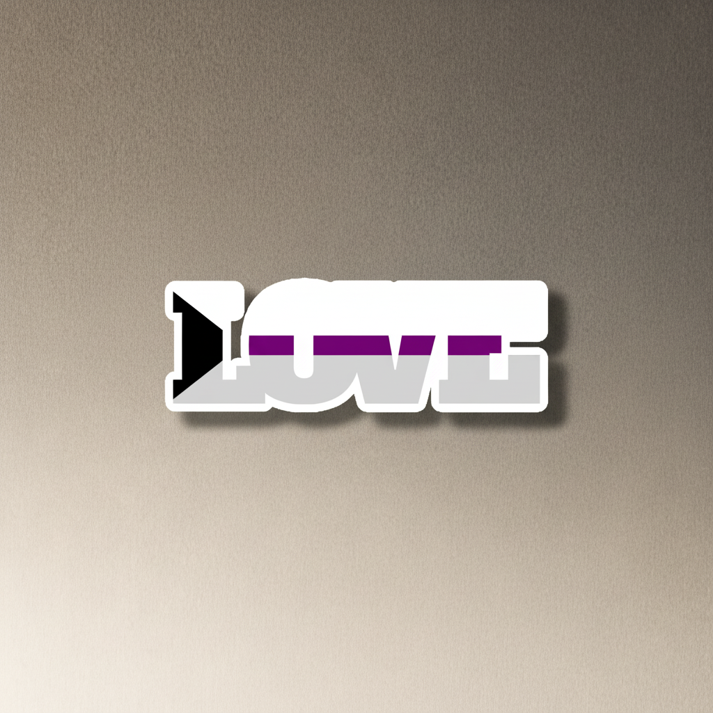 Demisexual Love Magnet with bold “LOVE” in asexual flag colors—black, gray, white, purple