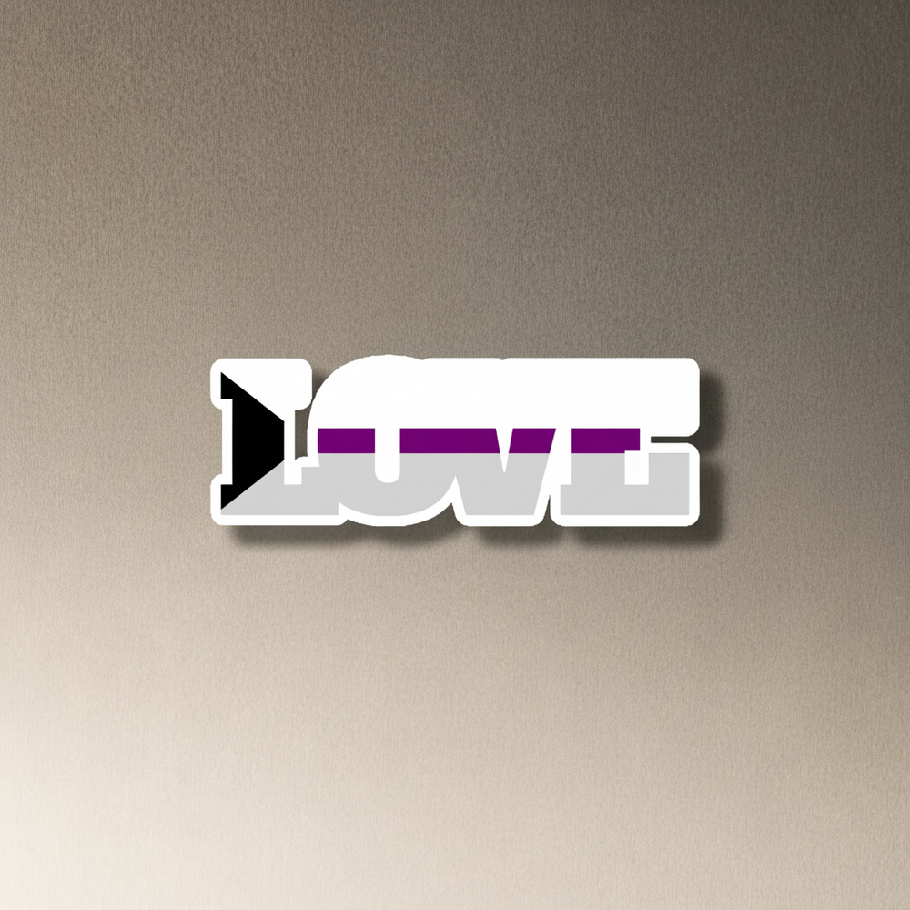 Demisexual Love Magnet with bold “LOVE” in asexual flag colors—black, gray, white, purple