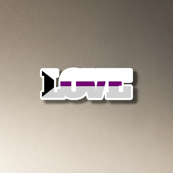 Demisexual Love Magnet with bold “LOVE” in asexual flag colors—black, gray, white, purple