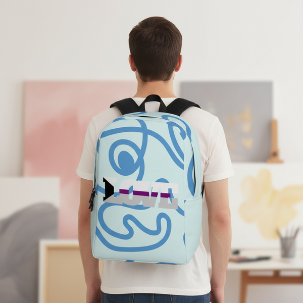 Demisexual Love Minimalist Backpack in light blue, rocking abstract blue lines and bold stylized text, worn by a person