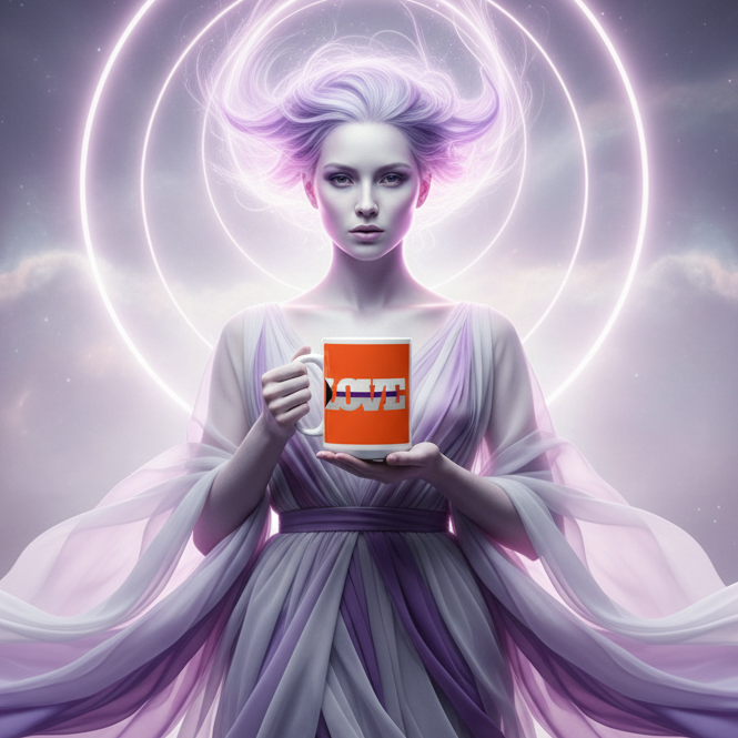 Ethereal lavender-haired figure holds an orange mug reading “LOVE”