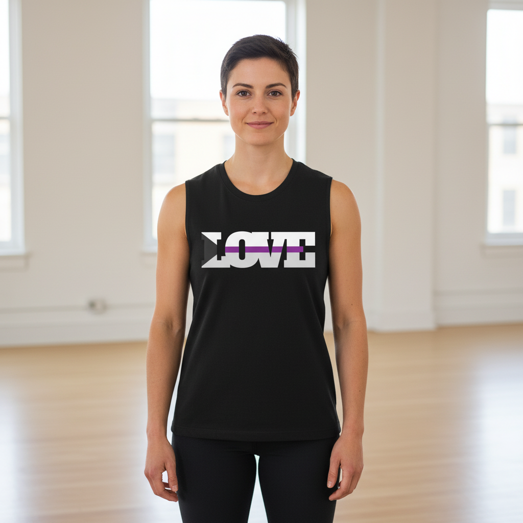 Demisexual Love Muscle Top—sleeveless, black, "LOVE" bold in white