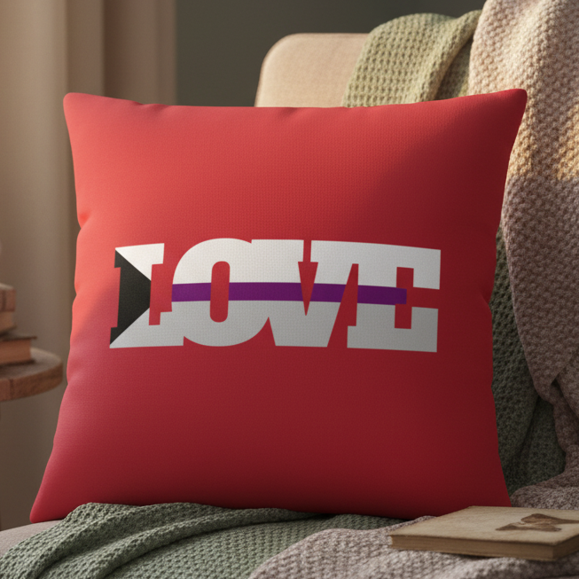 Demisexual Love Pillow with bold white "LOVE" text, the L in demisexual flag colors; shown on beige couch with green blanket.