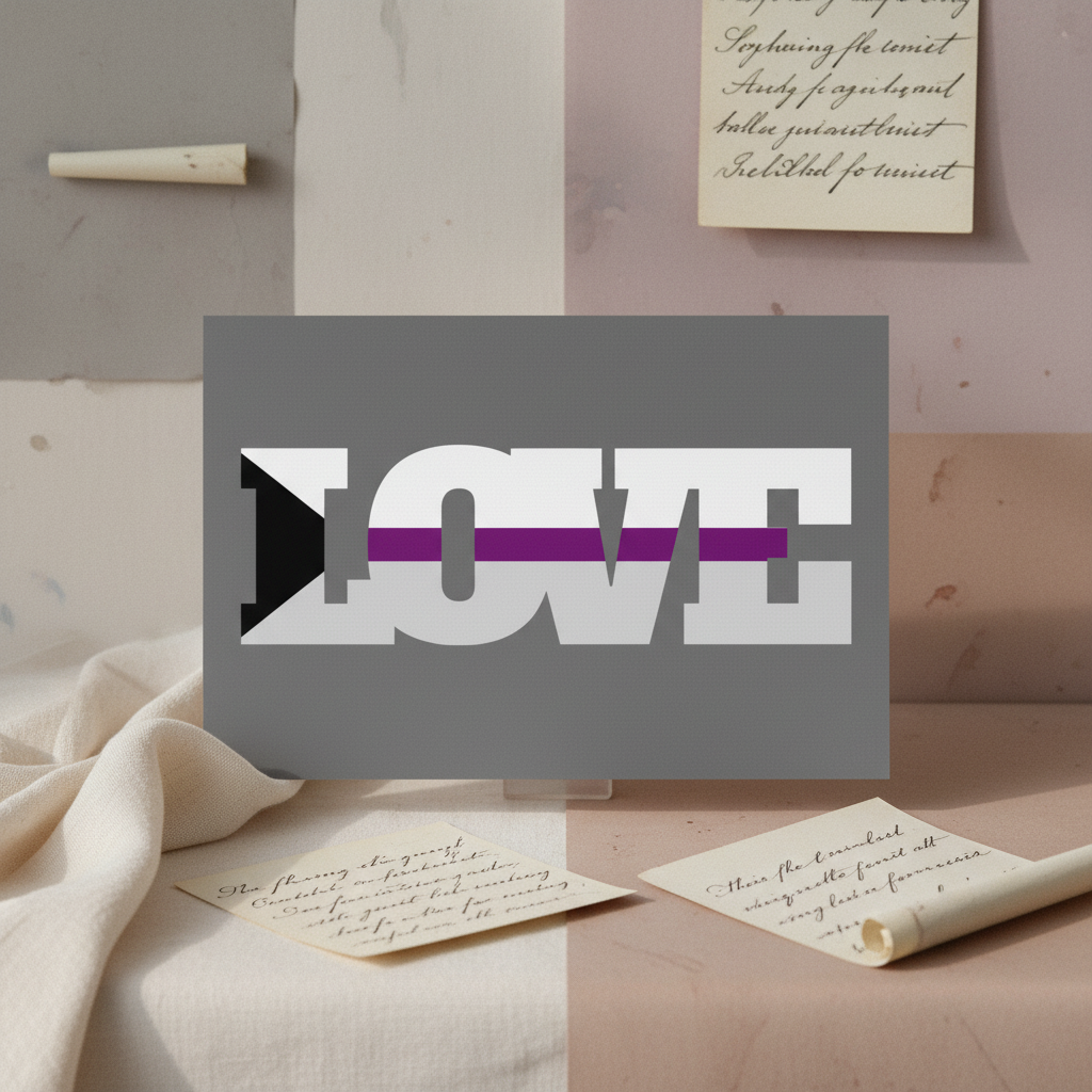 Gray postcard with bold white “LOVE,” a black triangle, and purple stripe on a letter-strewn backdrop