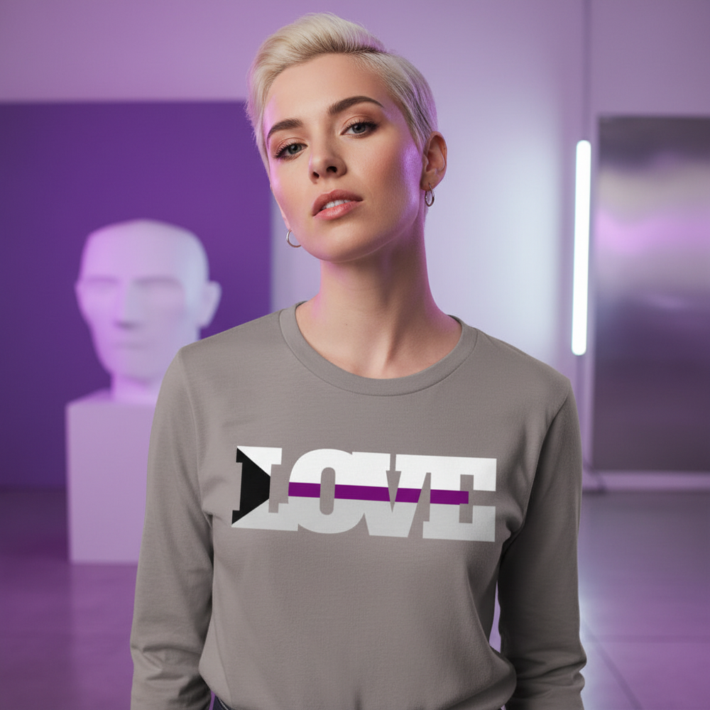 Demisexual Love long sleeve tee with “LOVE” and arrow in black, gray, white, purple stripes