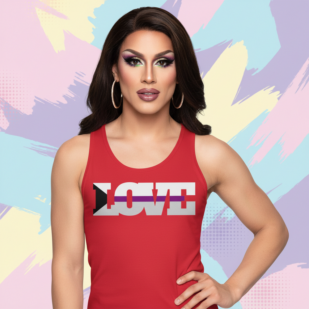 Red Demisexual Love Unisex Tank Top with pride design, worn by a drag queen with long dark hair and purple eye makeup