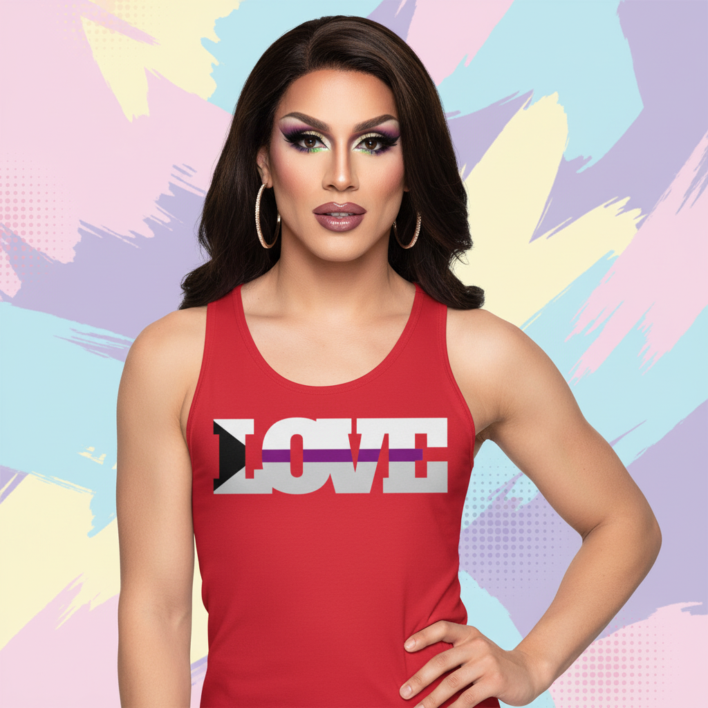 Red Demisexual Love Unisex Tank Top with pride design, worn by a drag queen with long dark hair and purple eye makeup