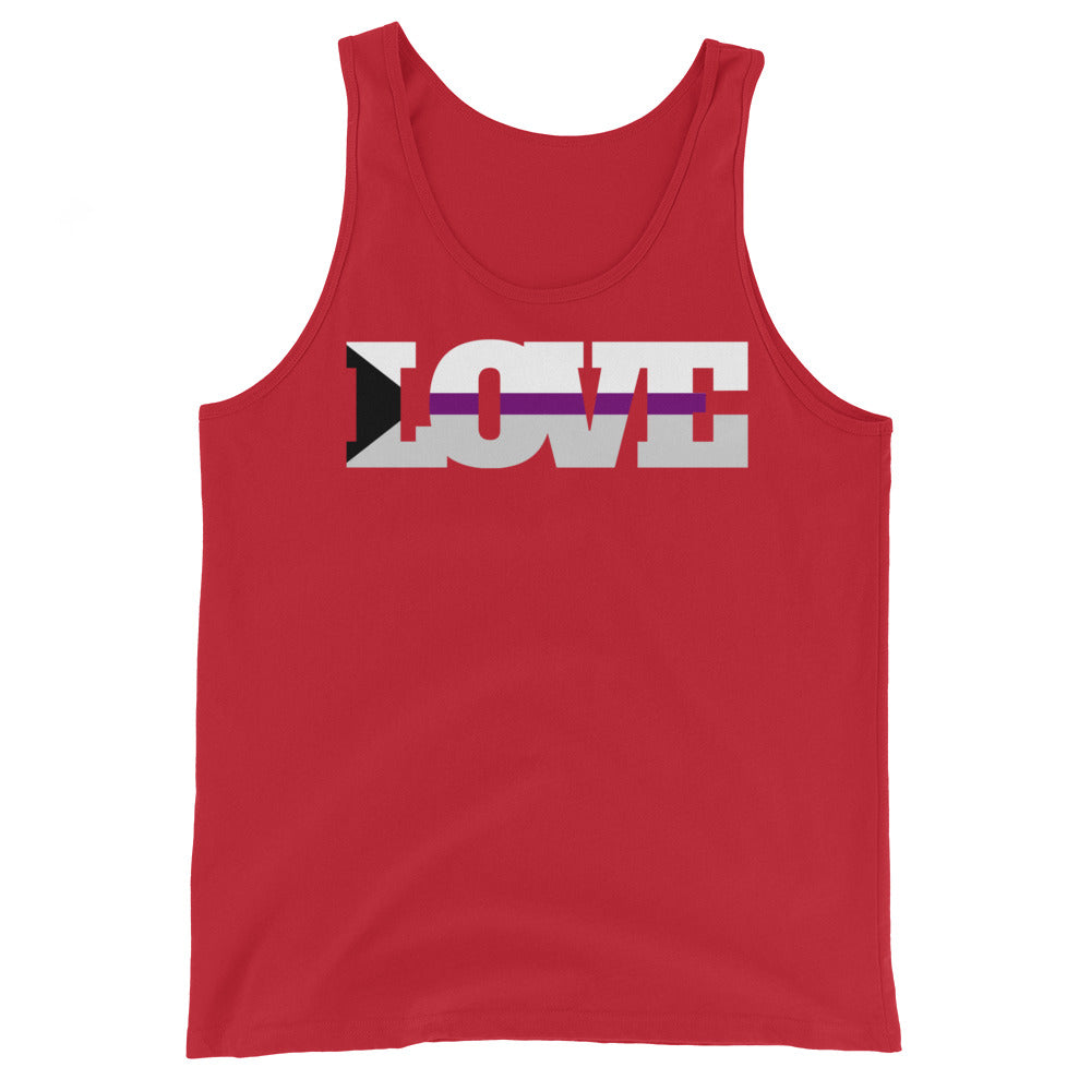 Red tank top with a white LOVE graphic crossed by a purple stripe