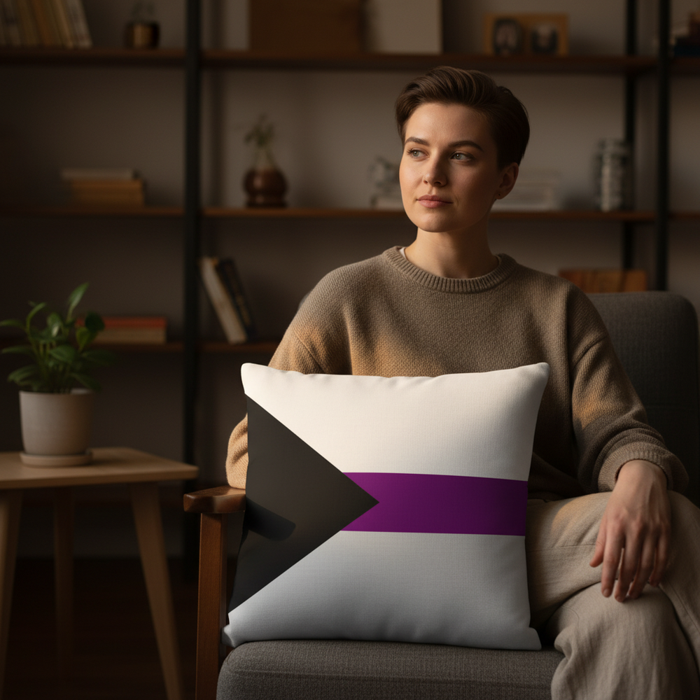 Short-haired person in a cozy room holds the Demisexual Premium Pillow with demisexual pride flag