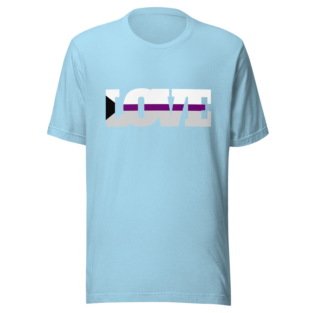 Front view of a light blue T-shirt with a white, purple, and black geometric chest graphic